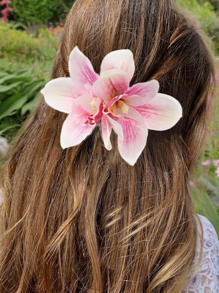 New - Flower Hair Clips For Women, Pink Orchid Flower Hairpins, Hawaiian Hair